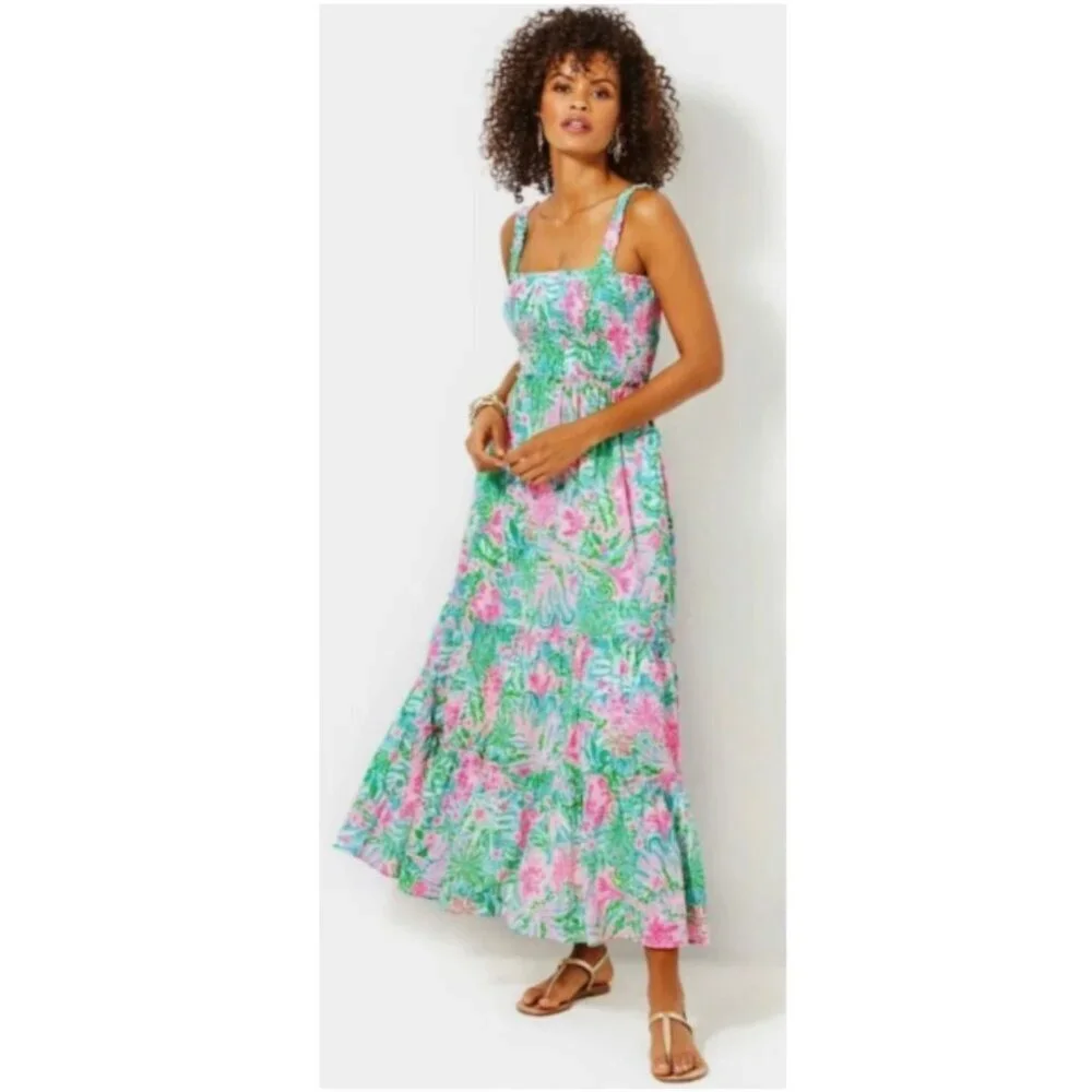 Lilly Pulitzer Hadley Smocked Midi Dress Medium Amalfi Blue Leaf It Wild NWT - Picture 1 of 15